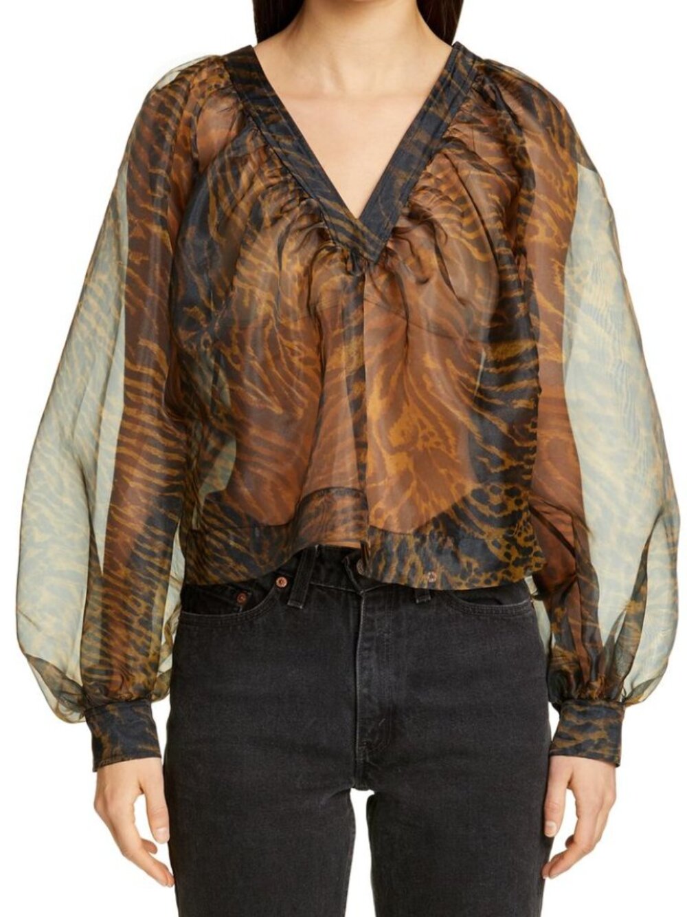 GANNI Gathered tiger-print organza blouse